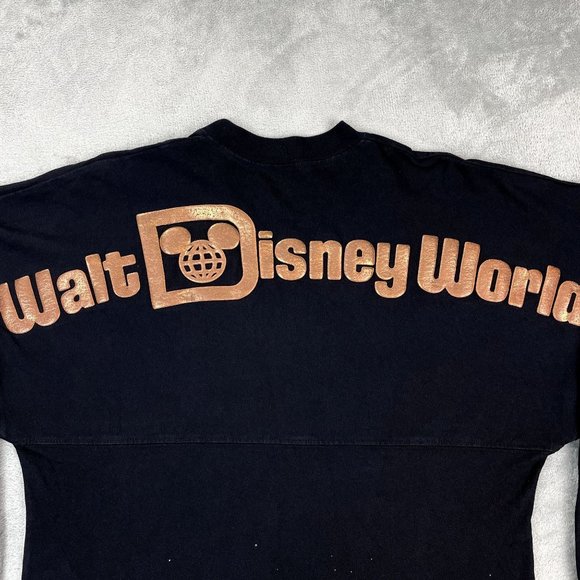 WALT DISNEY WORLD SPIRIT JERSEY Womens Black Shirt Bronze Puff Print Splatter XS - Picture 6 of 8